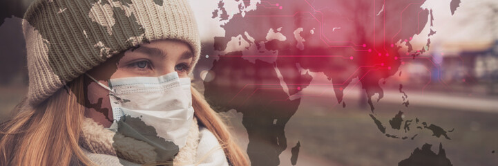 MERS-CoV Chinese infection Corona Virus masked girl on the background of the city in smog, the...