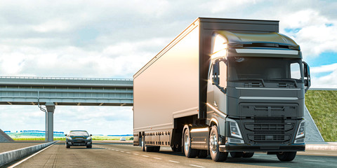 Front View Of White Semi Truck With Empty Space On Refrigerator Driving Along the Route. 3d rendering