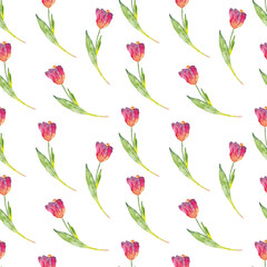 Seamless pattern of spring watercolor tulips on a white background. Use for wedding invitations, birthdays, menus and decorations