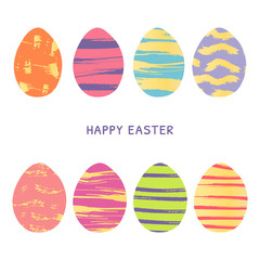 Vector illustration with eggs collection for happy easter greeting card. Set easter art on 8 eggs. Grunge brushes painted eggs in bright colors
