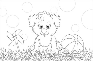 Funny little pup sitting on grass after a game with striped ball on a playground in a summer park, black and white vector cartoon illustration for a coloring book page