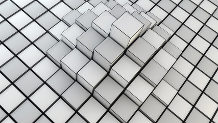 3d render abstract background with a pattern of diagonal white cubes and a thin black grid.