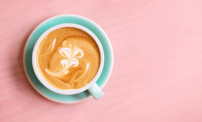 Blue coffee Cup on a pink background. Author's drawing of a Barista on coffee.