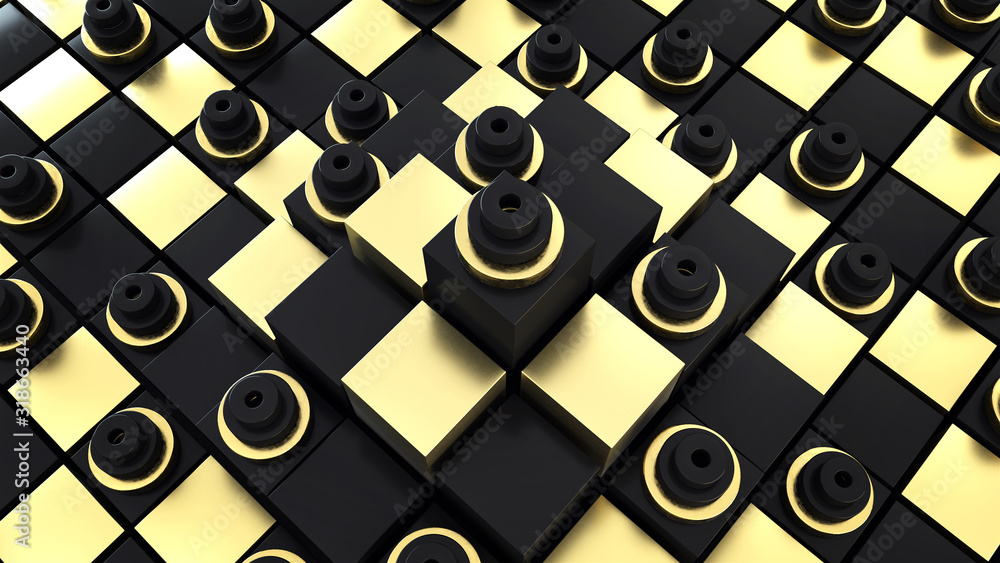 Aufkleber 3d render abstract background with a pattern of diagonal black and gold cubes and a black and gold p