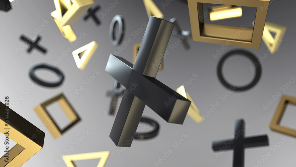 Aufkleber 3d render abstract background with gold and black crosses, circles, triangles and rectangles with a 