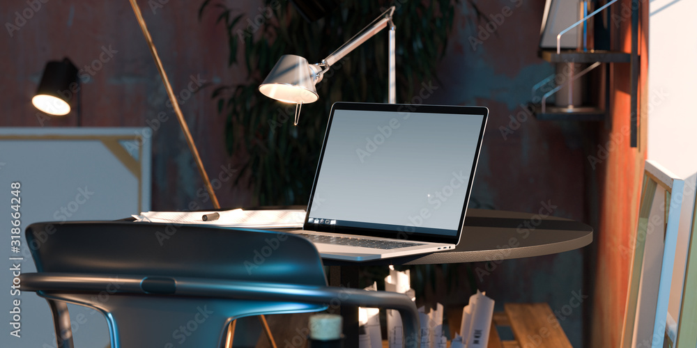 Poster modern laptop with blank screen with canvas and draftings on background in modern workshop. 3d rende