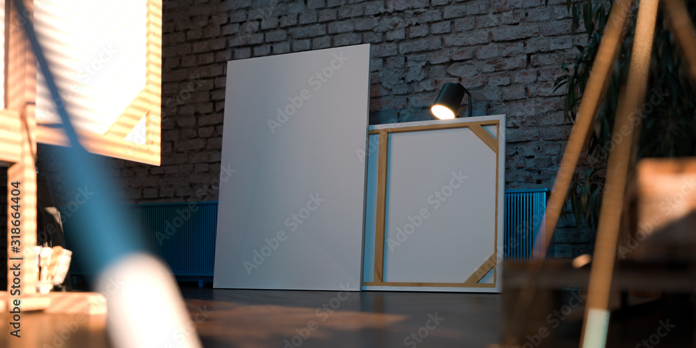 Poster easels with blank white canvas on floor. 3d rendering. empty space. copy space. template