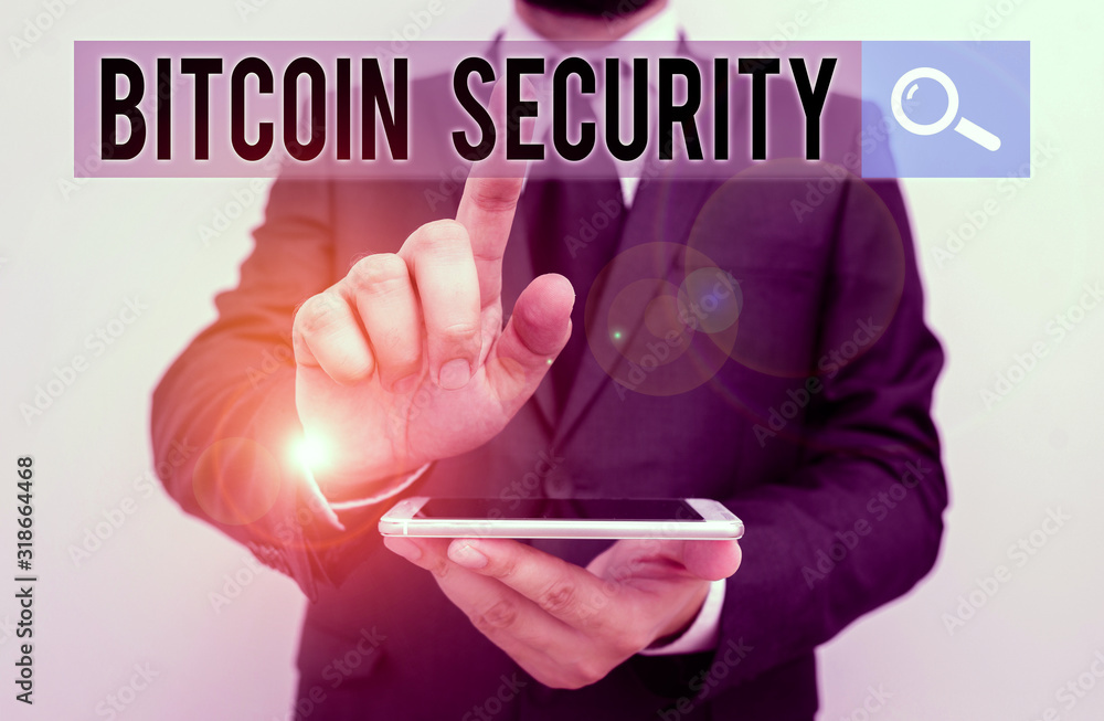 Poster writing note showing bitcoin security. business concept for funds are locked in a public key cryptog