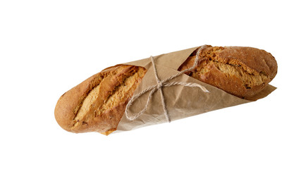 Fresh onion baguette with crispy crust isolated on white background. Top view