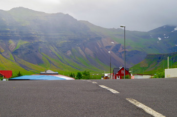 Beautiful and idyllic natural landscape and scenery in town of Grundarfjordur on Iceland with...