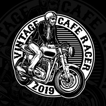 man riding cafe racer custom motorcycle vector badge