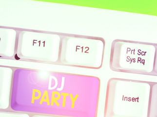 Writing note showing Dj Party. Business concept for demonstrating who introduces and plays recorded...
