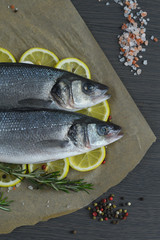 Raw fish seabass. Two Raw fish fillet with spices, herbs, lemon and salt on paper dark background ready for cooking, food background. Healthy food concept. Mediterranean seafood