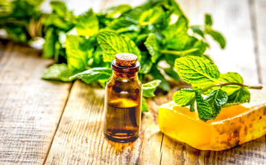 organic cosmetics with herbal extracts of mint on wooden background