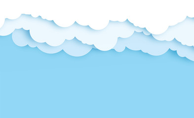 Border of white paper cut clouds on blue background for design. Paper cut, paper craft art style,vector illustration