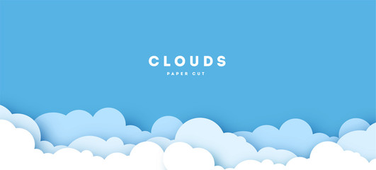 Beautiful fluffy clouds on blue sky background. Vector illustration. Paper cut style. Place for text. - obrazy, fototapety, plakaty