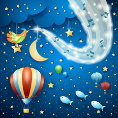 Fototapeta premium Surreal night with wave of sparkles and balloon