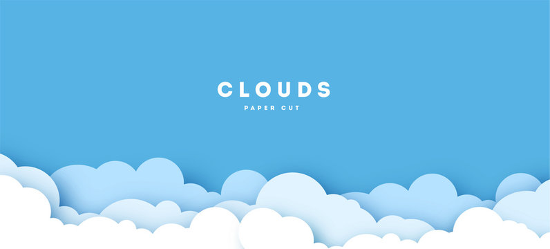 Beautiful fluffy clouds on blue sky background. Vector illustration. Paper cut style. Place for text.
