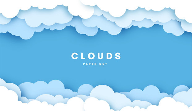 White Cloud on blue sky paper cut design. Vector paper art illustration. Paper cut style. Place for text.