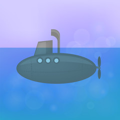 Grey Submarine Sails on Blue Pink Blurred Background.