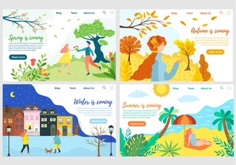 Website design set for four seasons weather, vector illustration