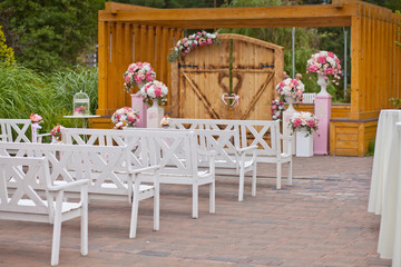wedding exit ceremony with beautiful delicate flowers and romantic decorations