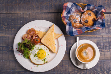 Breakfast lunch dinner egg fried eggs with coffee tea bread toast porridge cheese cookies oatmeal cookies jam