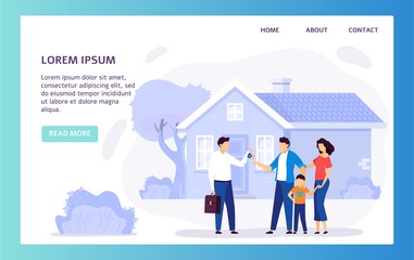 Real estate agency website, family buying new house, vector illustration