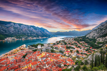 Aerial evening view of Kotor bay and Old Town from hill of Lovcen Mountain.