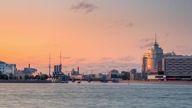 Sunset view Aurora cruiser in Neva river, Saint-Petersburg, Russia
