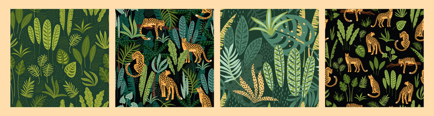 Vector seamless pattern with leopards and tropical leaves. © Nadia Grapes