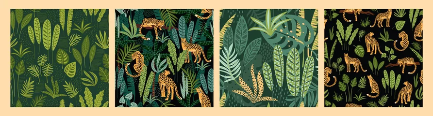 Foto op Plexiglas Vector seamless pattern with leopards and tropical leaves. © Nadia Grapes