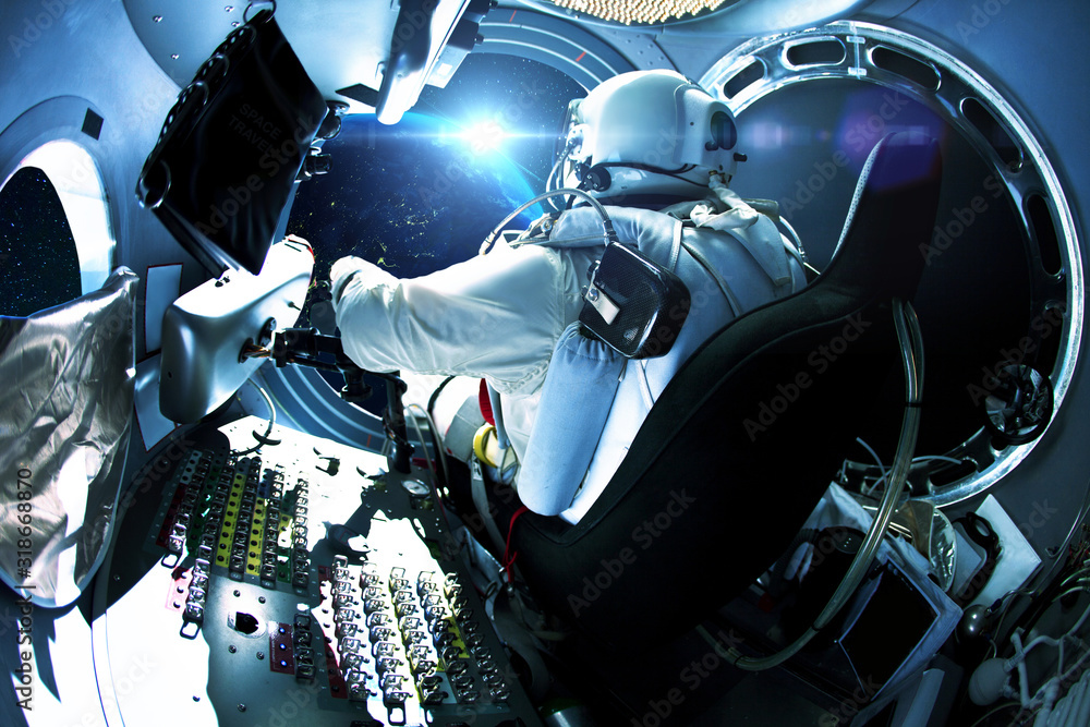 Poster Spaceman sitting in a spaceship in space with a planet. Astronaut travels in space