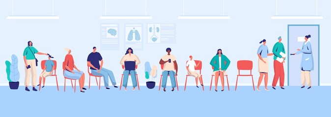 Patients waiting in clinic, people in hospital hall, vector illustration - obrazy, fototapety, plakaty