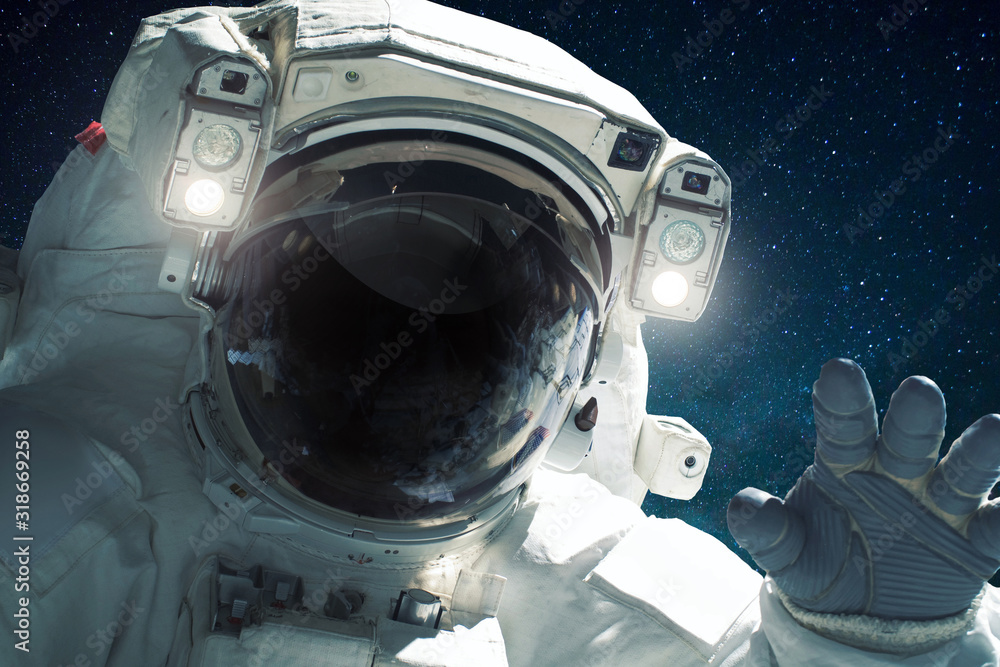 Poster spaceman in outer space. welcome to space. astronaut close up