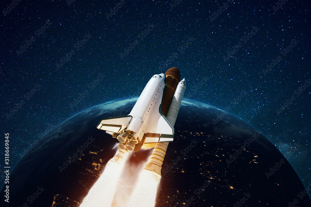 Poster rocket flies in open space against the background of a planet with stars. space ship in space. plane