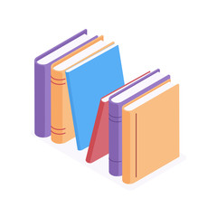 Stack of standing books in isometric vector illustration isolated on white background.