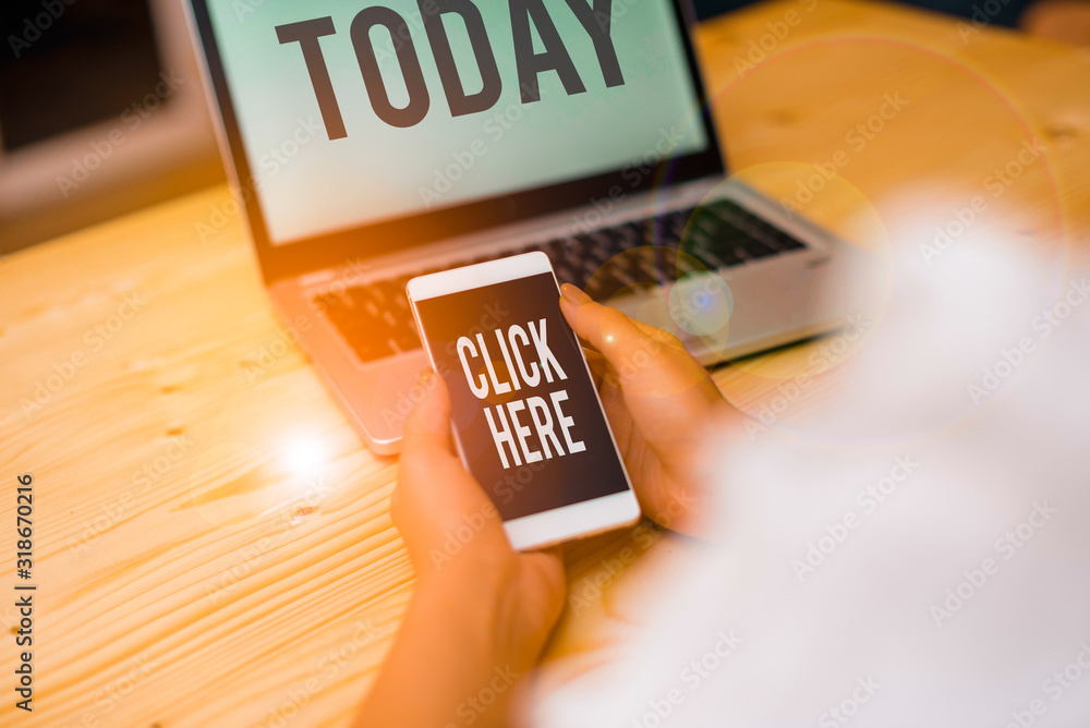 Aufkleber text sign showing click here. business photo showcasing carry out a computer operation by pressing a