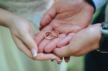 The newlyweds gently hold in their hands the golden rings close-up. Photography, concept.