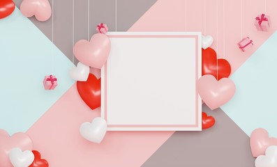 Obraz premium Large Teddy bear and gift box theme for your design. Blank frame for mock up. Happy Valentine's and anniversary Day.