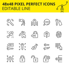 Icons of Keys, Locks and Safety. Includes Fingerprint, Remote Controller, Keypad. Pixel Perfect Scaled Set 48x48. Vector.