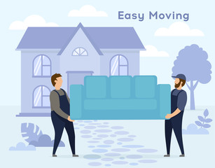 Moving Concept. Two Workers are Carrying a Sofa. Moving Process Into The New House. Flat Style. Vector Illustration