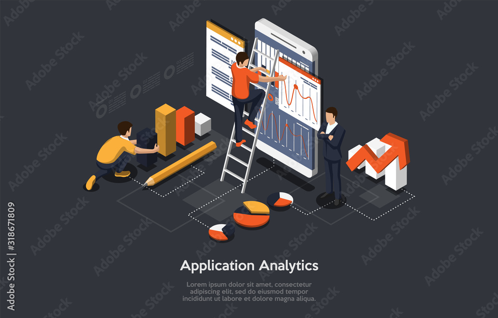 Poster isometric concept of research and develop of mobile application. people are working on mobile applic