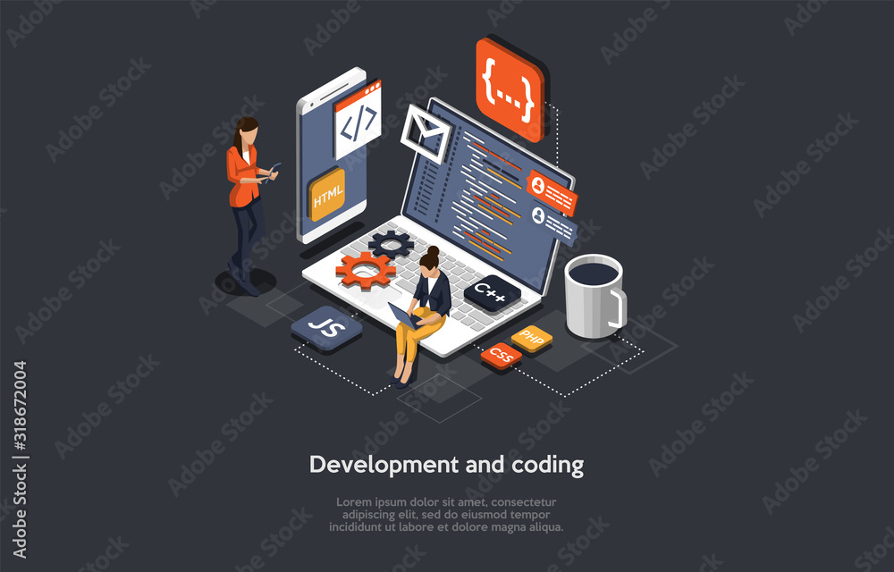 Poster isometric concept of research and develop of mobile application. people are working on mobile applic