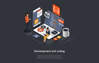 Isometric Concept Of Research and Develop Of Mobile Application. People are Working on Mobile Application Development and Coding. Vector illustration
