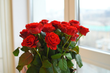 Bouquet of beautiful red roses on the window. Valentine Card. Space for text. Floral composition of red roses. Mother's day and March 8 card. Greeting card template