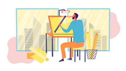 Engineer Architect is Working on Draft Project on Drawing Board. Create of Architecture Drafting Concept. Office Person Projecting Professional Plan. Flat Style. Vector Illustration