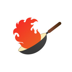 Pan with fire. Wok logo vector illustration with red flames