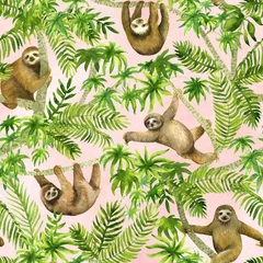 Wall murals Jungle  children room Sloth on palm. Seamless watercolor pattern. Tropical summer background
