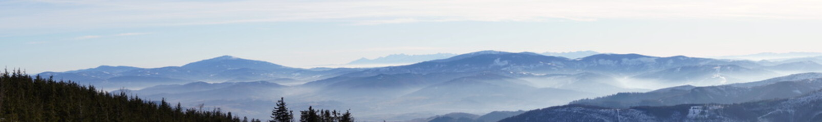 Panorama Beskid slaski . Mountain view from Skrzyczne peak in Sz